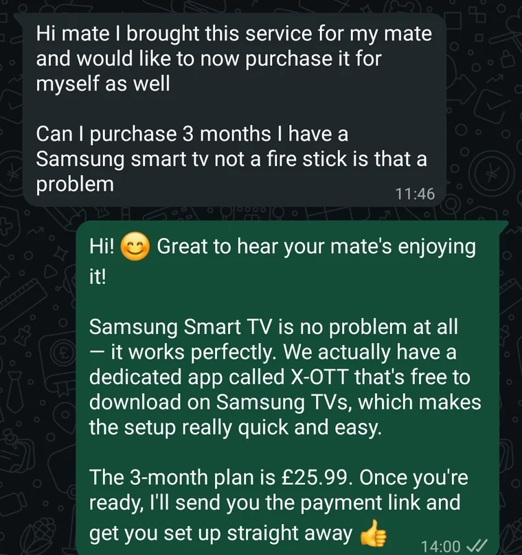 Bought once, came back for a second: A customer who first bought the service for a friend, returning to buy his own — on a Samsung TV rather than a Firestick.