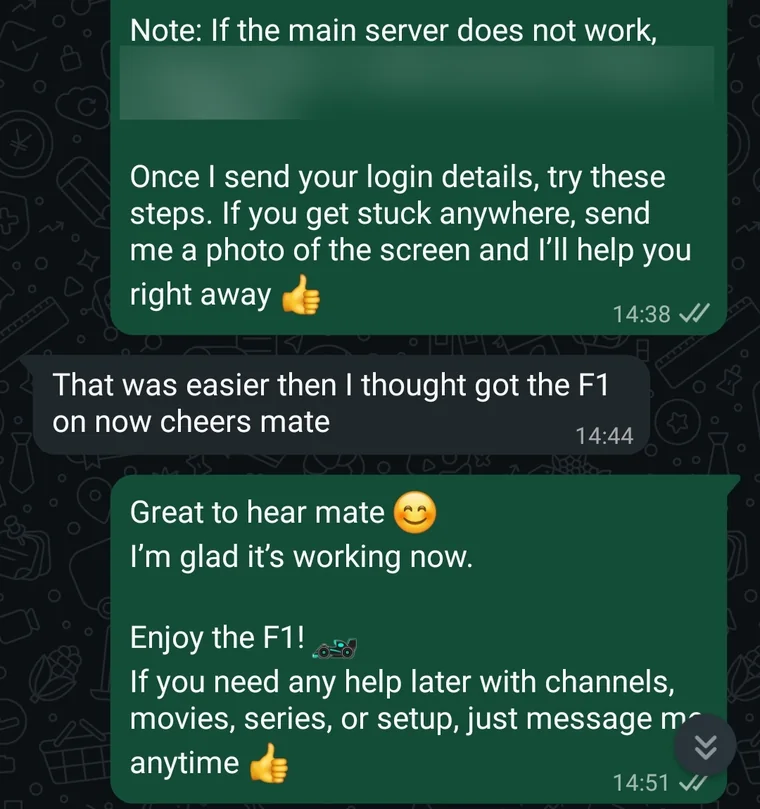 Set-up, walked through step by step: A Firestick install guided over WhatsApp until the picture was on. “That was easier then I thought.”